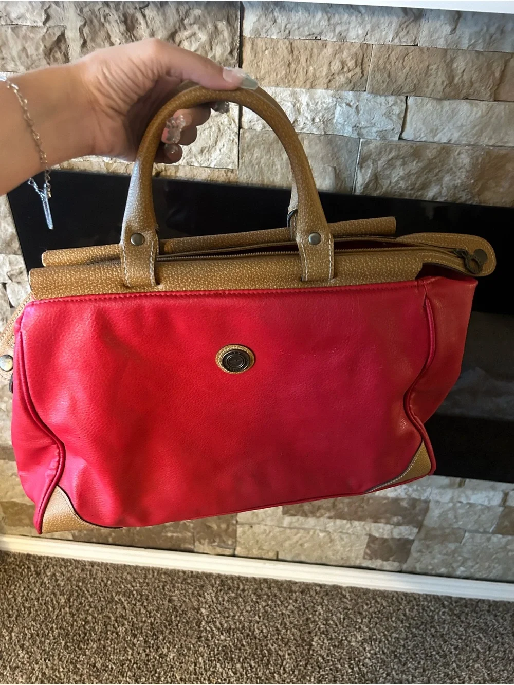 Capezio Red Vintage Retro 80s Classic Red Leather Satchel with Tan Handles